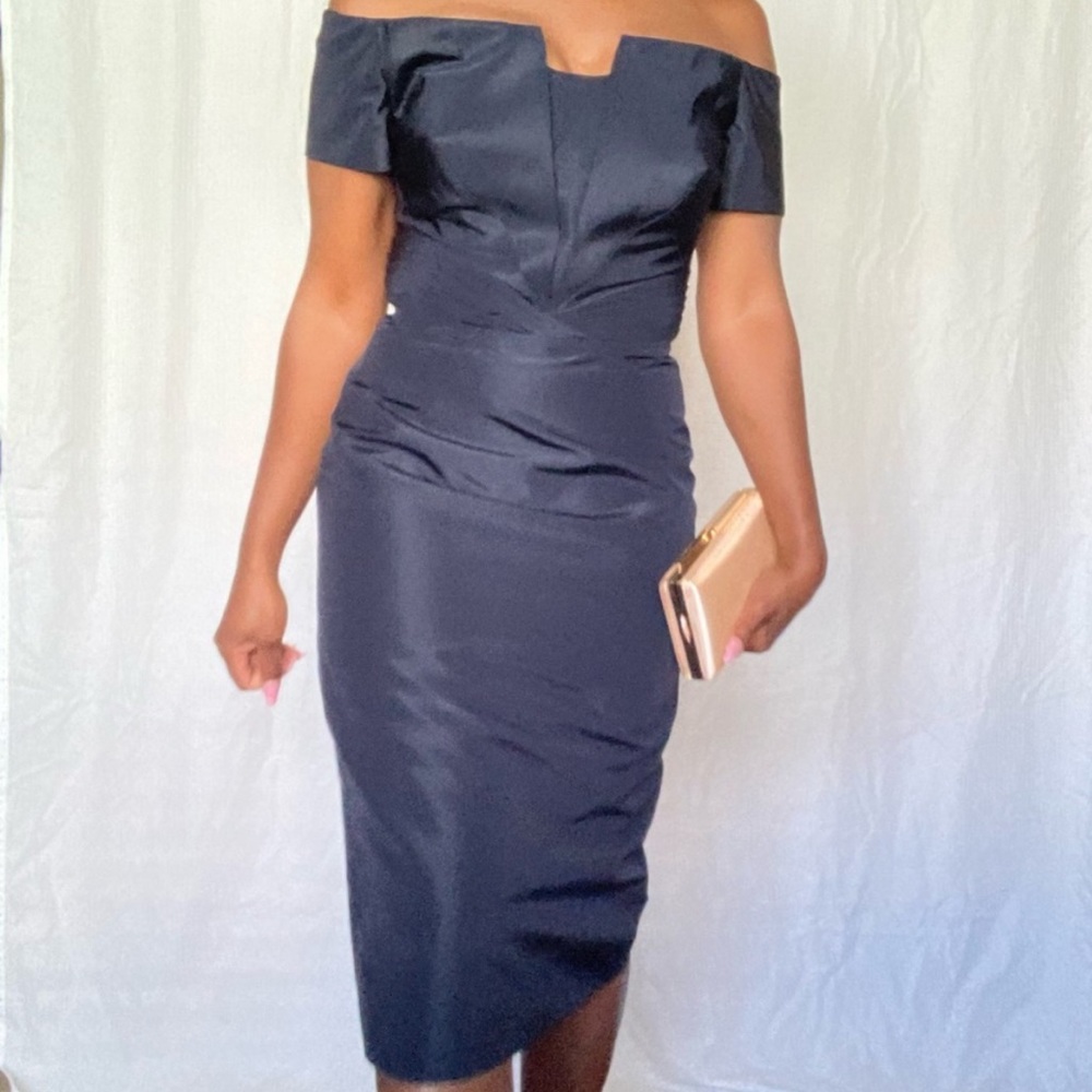 Zac Posen Navy Silk Taffeta Off-the-Shoulder Midi Dress
